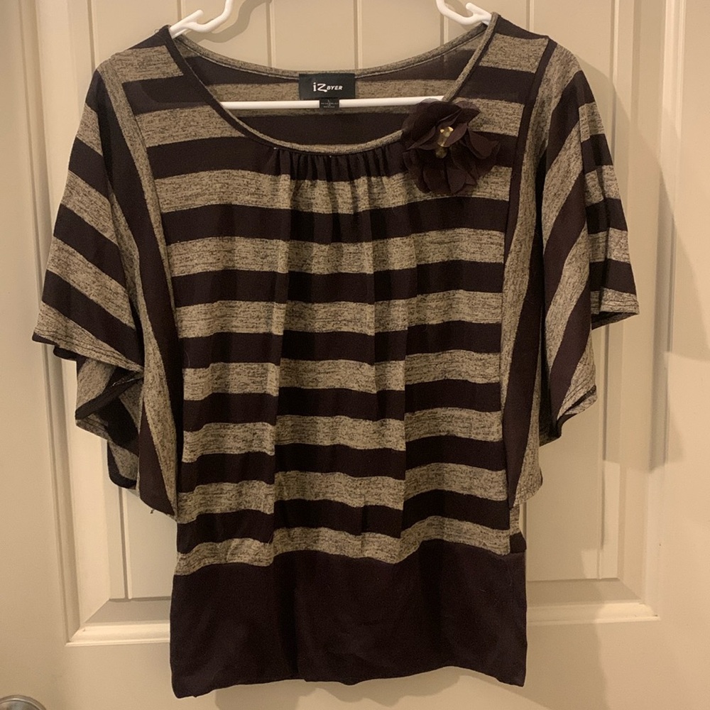 Brown Striped Blouse w/Flower